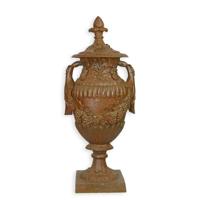 A CAST IRON ORNAMENTAL GARDEN URN ON STAND, RUST LOOK