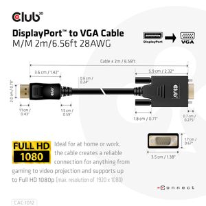 club3D CAC-1012 DisplayPort-kabel DisplayPort / VGA Aansluitkabel DisplayPort-stekker, VGA-stekker 15-polig 2.00 m Zwart