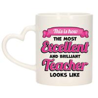 Cadeau koffie/thee mok - excellent leraar/mentor - roze - keramiek - 300 ml