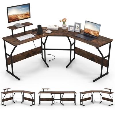 L-Vormig Bureau met Stopcontacten Hoekbureau met Verwijderbare Schermsteun 225 cm Lange Computerwerkplek voor 2 Personen
