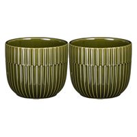 2x Stuks Plantenpot/bloempot keramiek glans donkergroen stripes patroon - D11/H9 cm