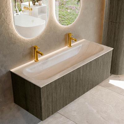 Badmeubel Mondiaz Kurve-Dlux | 120 cm | Meubelkleur Shadow | Wastafelkleur Meli | Solid surface | Wasbak midden spoelbak | 2 kraangaten