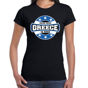 Have fear Greece is here / Griekenland supporter t-shirt zwart voor dames