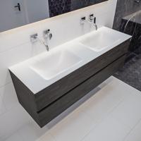 Mondiaz Vica Cloud badmeubel eiken donker bruin 150 cm 2 lades solid surface dubbele spoelbak zonder kraangat