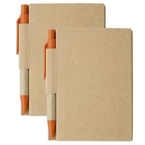 Notitie boekje/blok met balpen - 2x - harde kaft - beige/oranje - 11 x 8 cm - 80 bladzijden geliniee