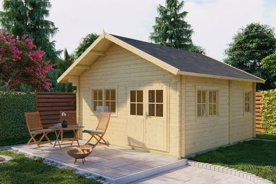 Tuindeco Llanes Blokhut 490x530 cm + luifel 70 cm 44 mm vuren blank- Zadeldak- Onbehandeld vurenhout- Tuindeco