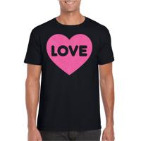 Gay Pride T-shirt voor heren - liefde/love - zwart - roze glitter hart - LHBTI