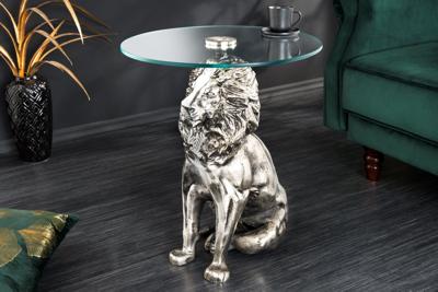 Ronde bijzettafel WILDLIFE LION 60cm Zilver Antiek Metaal Glas Leeuw Sculptuur - 44826