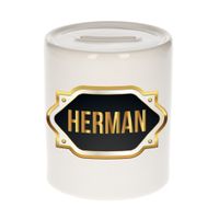 Naam cadeau spaarpot Herman met gouden embleem - thumbnail