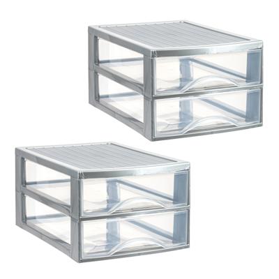 Ladekastje bureau organizer - 3x - 2 lades - zilver/transparant - L26 x B35 x H19 cm - kunststof