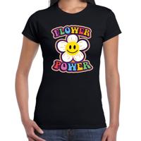Jaren 60 Flower Power - verkleed shirt - zwart - met emoticon bloem - dames - Hippie - carnaval