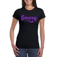 Zwart Flower Power t-shirt Groovy met paarse letters dames - thumbnail