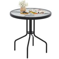 Ronde Tuintafel 70 cm Terras Salontafel in Gehard Glas met Robuust Metalen Frame en Gat voor Parasol Exterieur Eettafel