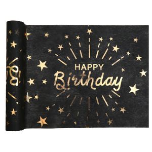 Tafelloper op rol - 2x - Happy birthday tekst - zwart/goud - 30 x 500 cm - polyester