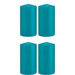 4x Turquoise blauwe cilinderkaarsen/stompkaarsen 8 x 15 cm 69 branduren