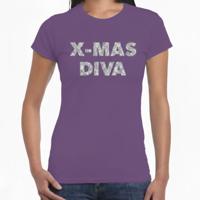 Kerst T-shirt voor dames - x-mas diva - paars - zilveren glitters - kerstkleding - thumbnail