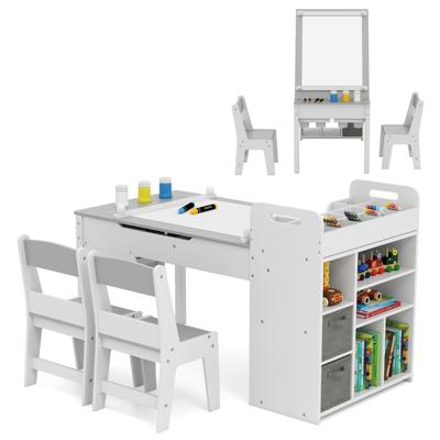Kindertafel en Stoelenset met Papierrol Klapdeksel Planken Stoffenbakken Draagbare Organizer voor Kunstbenodigdheden om te Tekenen-Grijs en wit