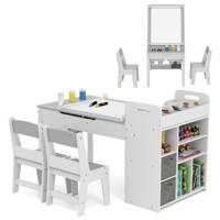 Kindertafel en Stoelenset met Papierrol Klapdeksel Planken Stoffenbakken Draagbare Organizer voor Kunstbenodigdheden om te Tekenen-Grijs en wit