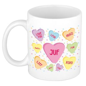 Cadeau koffiemok voor juf/lerares - hartjes snoepjes - wit - verjaardag kado - mok met tekst