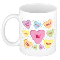 Cadeau koffiemok voor juf/lerares - hartjes snoepjes - wit - verjaardag kado - mok met tekst