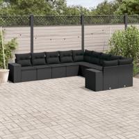 10-delige Loungeset met kussens poly rattan zwart