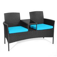Patio Loveseat met Tafel van Gehard Glas PE Rotan Meubelset Moderne Outdoor Gespreksbank voor Tuin 138 x 62 x 85 cm