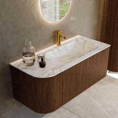 Badmeubel Mondiaz Kurve-Dlux | 105 cm | Meubelkleur Walnut | Wastafelkleur Glace | Solid surface | Rechts spoelbak | 1 kraangat