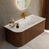 Badmeubel Mondiaz Kurve-Dlux | 105 cm | Meubelkleur Walnut | Wastafelkleur Glace | Solid surface | Rechts spoelbak | 1 kraangat