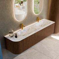 Badmeubel Mondiaz Kurve-Dlux | 175 cm | Meubelkleur Walnut | Wastafelkleur Glace | Solid surface | Dubbele spoelbak | 2 kraangaten