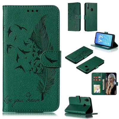 Feather patroon Litchi textuur horizontale Flip lederen draagtas met portemonnee & houder & kaartsleuven voor Huawei Y7 (2019) (groen)