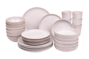 30 delige serviesset - 6 personen - Lissabon - wit met bruine spikkel - normale rand - Portugees stoneware