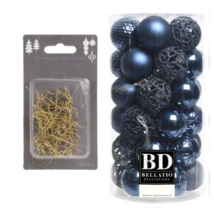 37x stuks kunststof kerstballen donkerblauw 6 cm inclusief gouden kerstboomhaakjes