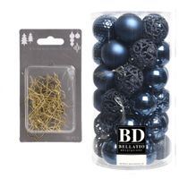 37x stuks kunststof kerstballen donkerblauw 6 cm inclusief gouden kerstboomhaakjes - thumbnail