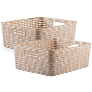 2x stuks rotan gevlochten opbergmand/opbergbox kunststof - Taupe - 28 x 36 x 13.5 cm