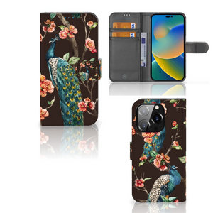 iPhone 14 Pro Telefoonhoesje met Pasjes Pauw met Bloemen