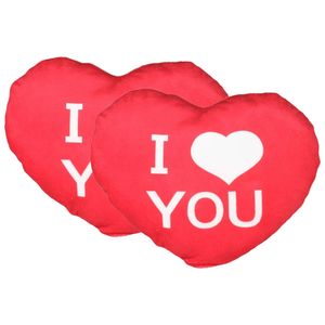Sierkussentje Valentijn/I Love You hartje vorm - 2x - rood - 25 cm - Knuffelkussen