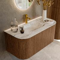 Mondiaz KURVE-DLUX 100 cm Onderkast Greeploos 1 Lade Met Deuren Walnut, Wastafel Solid Surface MIdden Glace 1 Kraangat Zonder Spiegel (KRVGRU100L+R1L2D1KM-Wal/Gla)