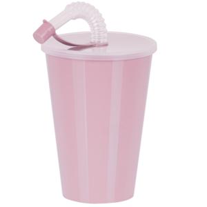 Drinkbeker met deksel en rietje - licht roze - kunststof - 450 ml - 12 x 9 cm