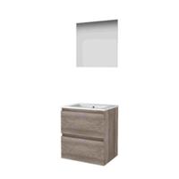 Basic-Line Ultimate 46 Badkamermeubelset - 60 x 46 cm - Greeploos - 2 Lades - Keramische Wastafel - 1 Kraangat - Spiegel met Indirecte LED Verlichting - Scotch Oak