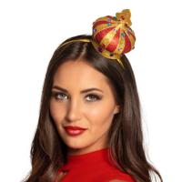 Kroon op diadeem - haarband - goud/rood - met diamanten - koningsdag - carnaval Kroon op diadeem - haarband - goud/rood - met diamanten - koningsdag - carnaval