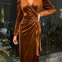 Bon&Bon Burgundy Velvet Wrap Dress - Elegant Long Sleeve Midi Brown / L