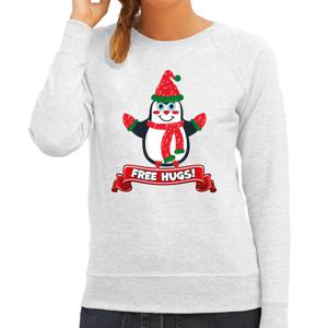 Foute Kersttrui/sweater voor dames - free hugs - grijs - pinguin