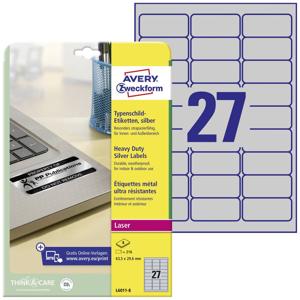 Avery-Zweckform L6011-8 Etiketten voor typeplaatjes 63.5 x 29.6 mm Polyester folie Zilver 216 stuk(s) Permanent hechtend Laser (zwart/wit), Kopiëren