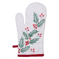 Clayre & Eef Ovenwant 18x30 cm Wit Rood Katoen Hulstbladeren Ovenhandschoen Wit Ovenhandschoen