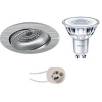 LED Spot Set - Pragmi Delton Pro - GU10 Fitting - Inbouw Rond - Mat Zilver - Kantelbaar - Ø82mm - Philips - CorePro 827 36D - 4.6W - Warm Wit 2700K