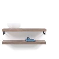 Looox Wood collection Duo wandplanken 120x46cm - 2 stuks - Met handdoekhouders zwart mat - massief eiken Old grey WBDUO120MZ