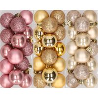 42x stuks kleine kunststof kerstballen mix champagne, goud en oudroze 3 cm