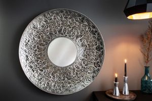 Handgemaakte wandspiegel MANDALA XL 80cm zilver rond in bloemenpatroon van metaal - 41759