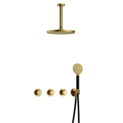 Hotbath Cobber X - CX7067 - Inbouw Regendoucheset - Geborsteld Messing PVD - 2 Stopkranen - Thermostatisch - Plafondbuis 15 cm - Hoofddouche 200 mm - Ronde Handdouche 3 Standen - Waterbesparend