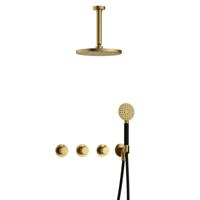 Hotbath Cobber X - CX7067 - Inbouw Regendoucheset - Geborsteld Messing PVD - 2 Stopkranen - Thermostatisch - Plafondbuis 15 cm - Hoofddouche 200 mm - Ronde Handdouche 3 Standen - Waterbesparend